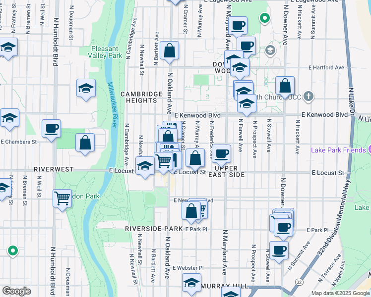 map of restaurants, bars, coffee shops, grocery stores, and more near 2966 North Cramer Street in Milwaukee