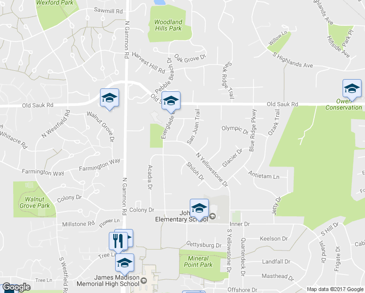 map of restaurants, bars, coffee shops, grocery stores, and more near 326 North Yellowstone Drive in Madison