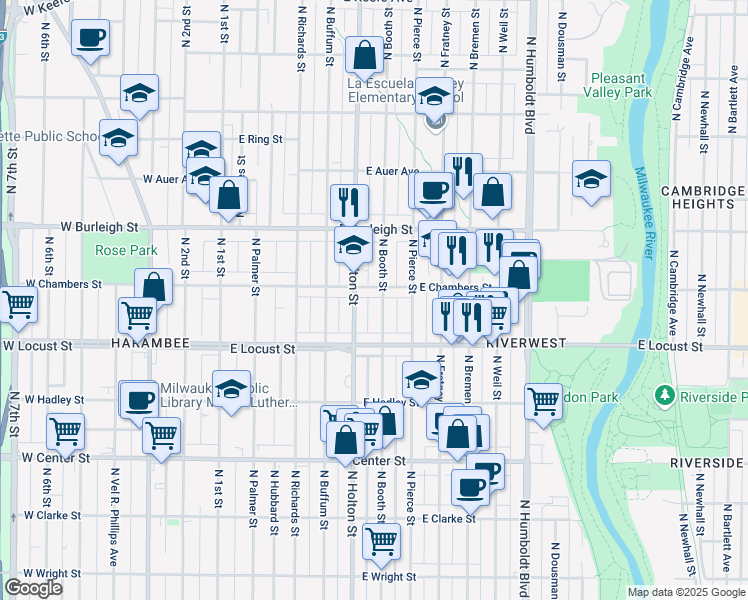 map of restaurants, bars, coffee shops, grocery stores, and more near 2965 North Booth Street in Milwaukee