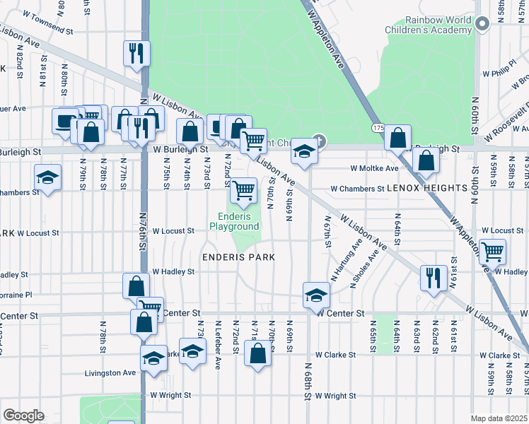 map of restaurants, bars, coffee shops, grocery stores, and more near 2957 North 70th Street in Milwaukee