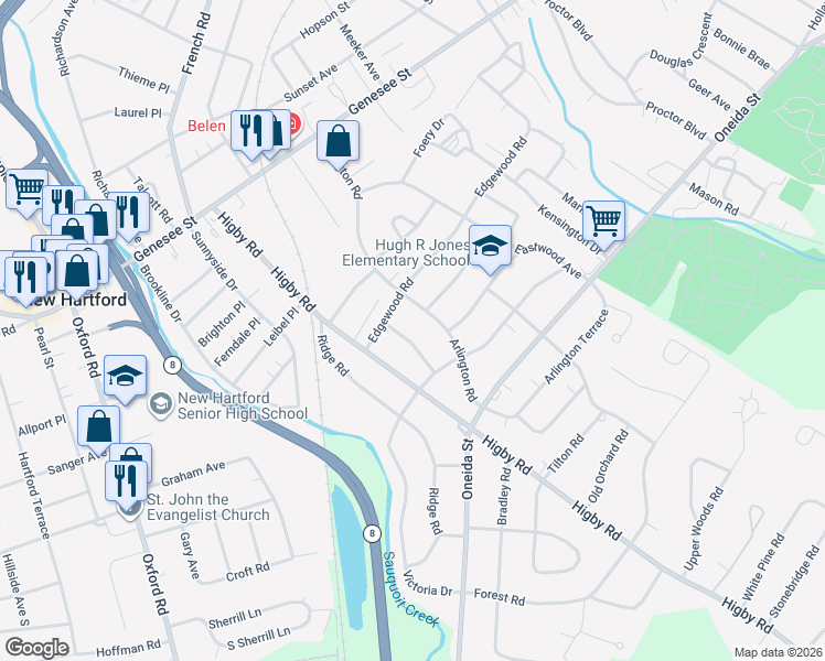 map of restaurants, bars, coffee shops, grocery stores, and more near 135 Farmington Rd in Utica