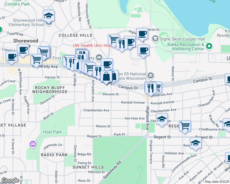 map of restaurants, bars, coffee shops, grocery stores, and more near 2628 Stevens Street in Madison