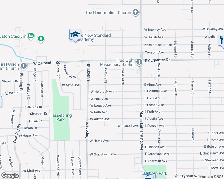 map of restaurants, bars, coffee shops, grocery stores, and more near 506 West Holbrook Avenue in Flint
