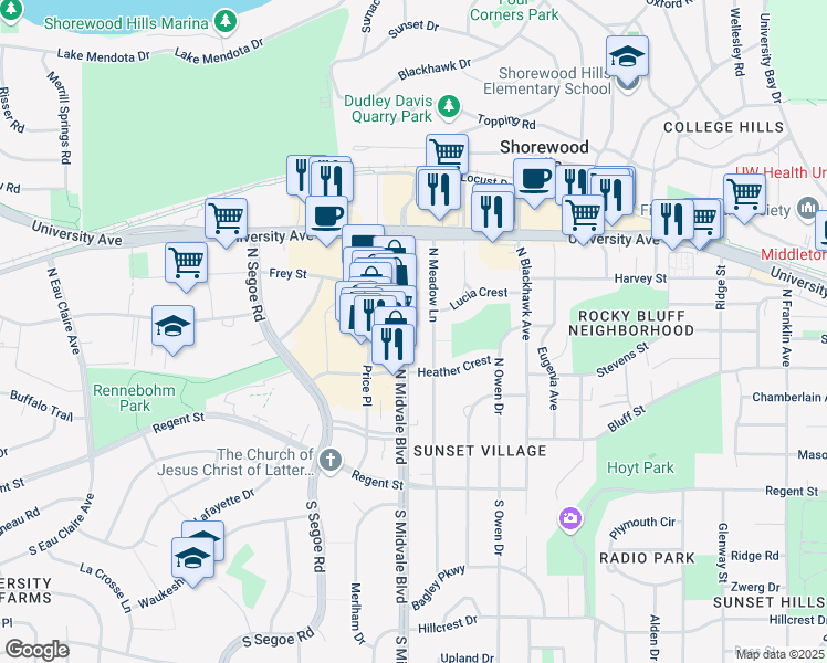 map of restaurants, bars, coffee shops, grocery stores, and more near 601 North Midvale Boulevard in Madison