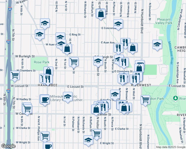 map of restaurants, bars, coffee shops, grocery stores, and more near 2962 North Buffum Street in Milwaukee
