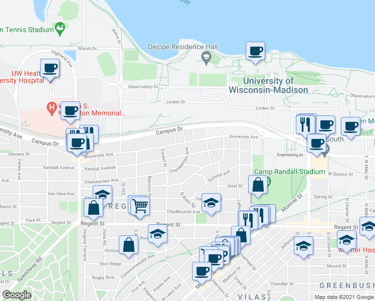 map of restaurants, bars, coffee shops, grocery stores, and more near 211 Chamberlain Avenue in Madison