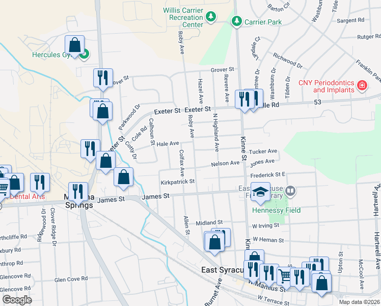 map of restaurants, bars, coffee shops, grocery stores, and more near 213 Roby Avenue in East Syracuse