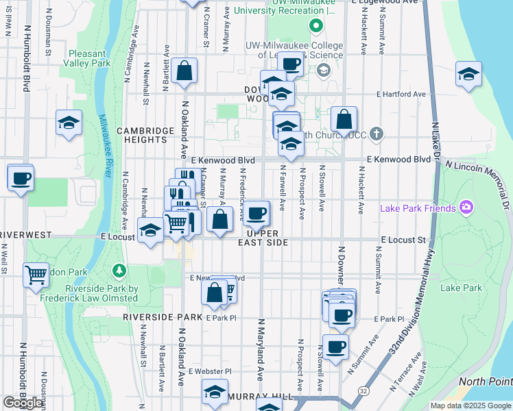 map of restaurants, bars, coffee shops, grocery stores, and more near 2971 North Maryland Avenue in Milwaukee