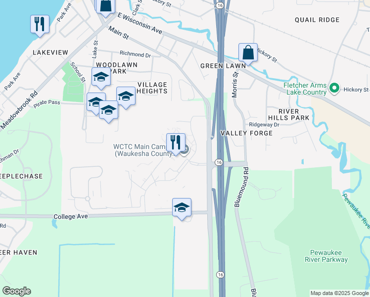 map of restaurants, bars, coffee shops, grocery stores, and more near 800 Main Street in Pewaukee
