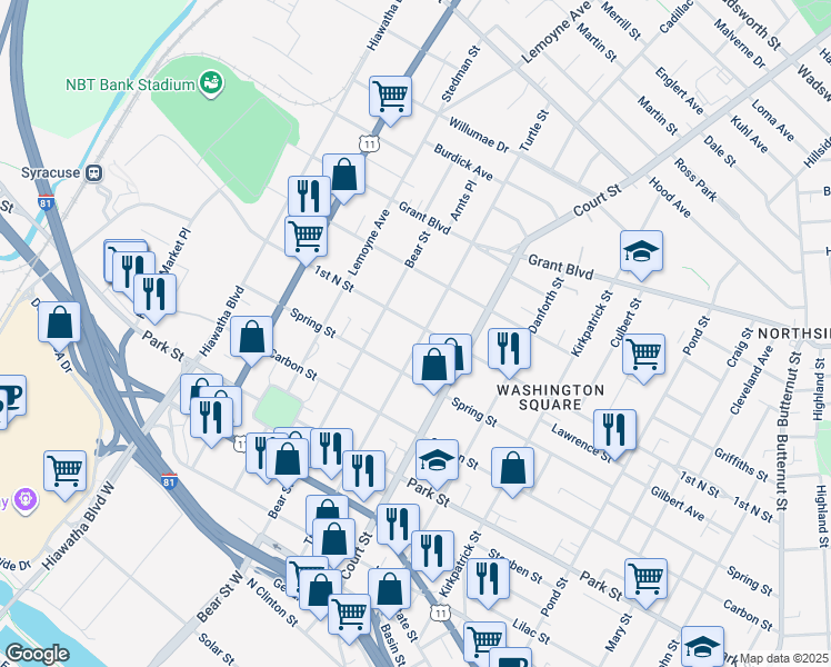 map of restaurants, bars, coffee shops, grocery stores, and more near 617 Turtle Street in Syracuse