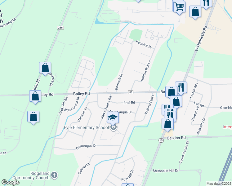 map of restaurants, bars, coffee shops, grocery stores, and more near Bailey Road & Kenwick Drive in Monroe County