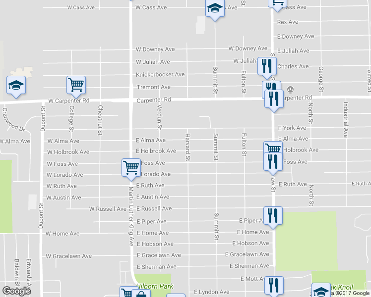 map of restaurants, bars, coffee shops, grocery stores, and more near 257 East Holbrook Avenue in Flint
