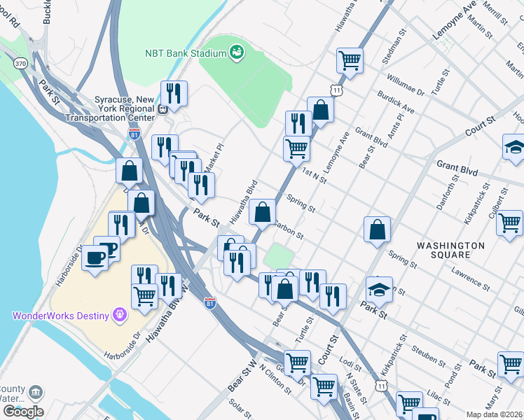 map of restaurants, bars, coffee shops, grocery stores, and more near 1304-06 Carbon St in Syracuse