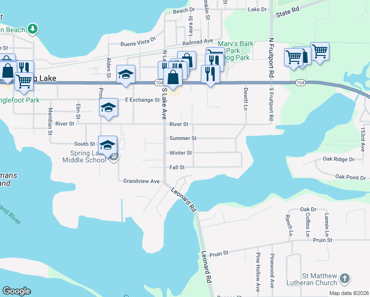 map of restaurants, bars, coffee shops, grocery stores, and more near 623 Winter St in Spring Lake