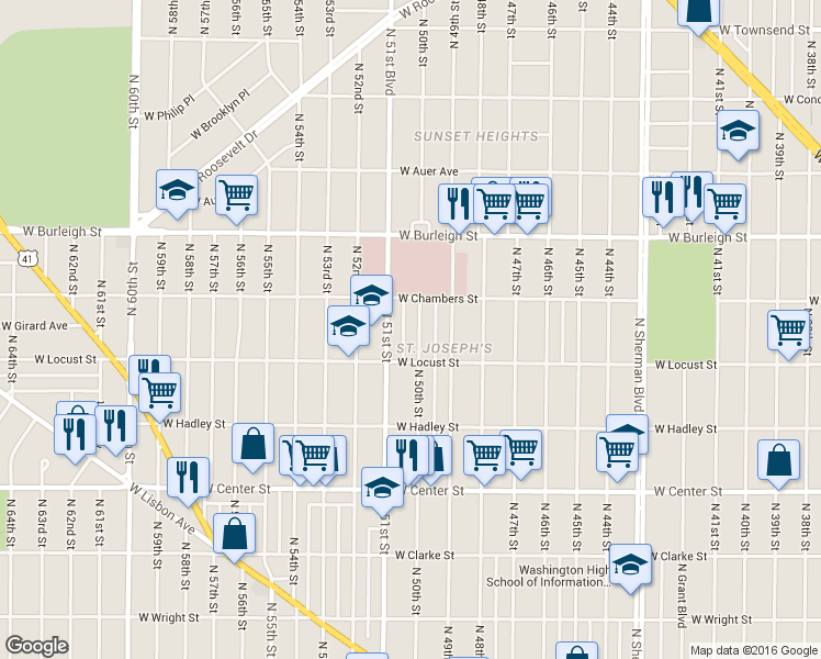 map of restaurants, bars, coffee shops, grocery stores, and more near 2943A North 50th Street in Milwaukee