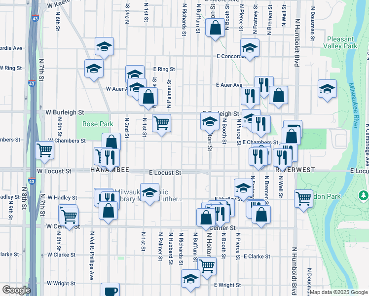 map of restaurants, bars, coffee shops, grocery stores, and more near 2964 North Richards Street in Milwaukee