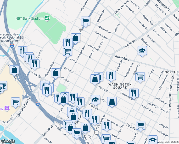 map of restaurants, bars, coffee shops, grocery stores, and more near 1307 1st North Street in Syracuse