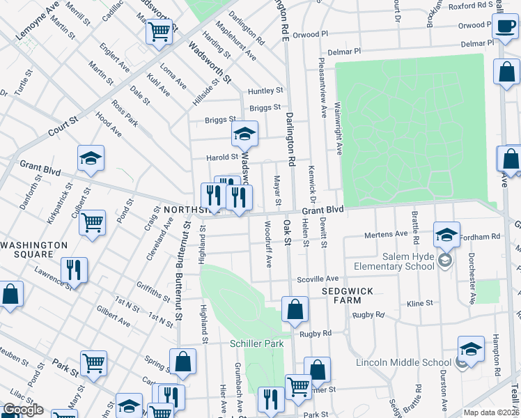 map of restaurants, bars, coffee shops, grocery stores, and more near 1604 Grant Boulevard in Syracuse