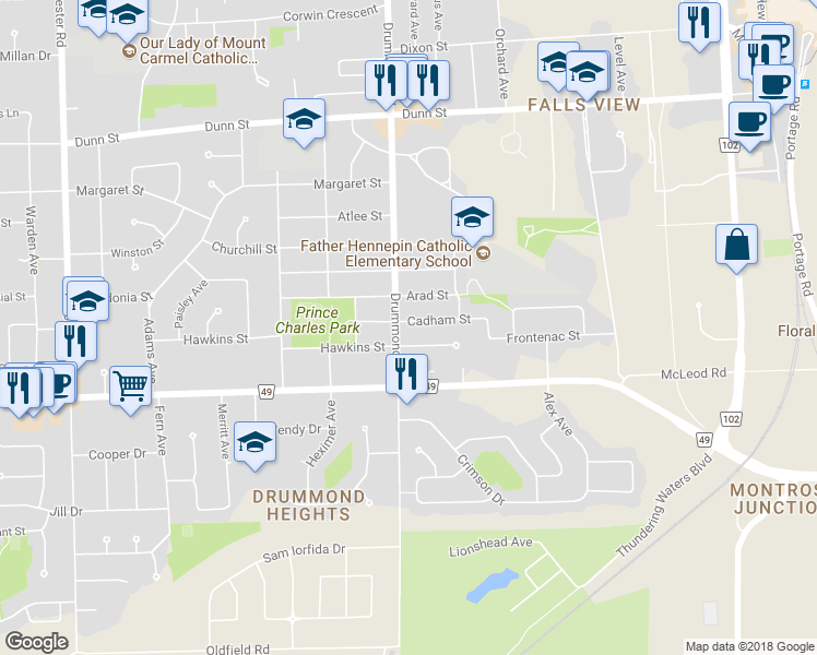 map of restaurants, bars, coffee shops, grocery stores, and more near 6184 Cadham Street in Niagara Falls