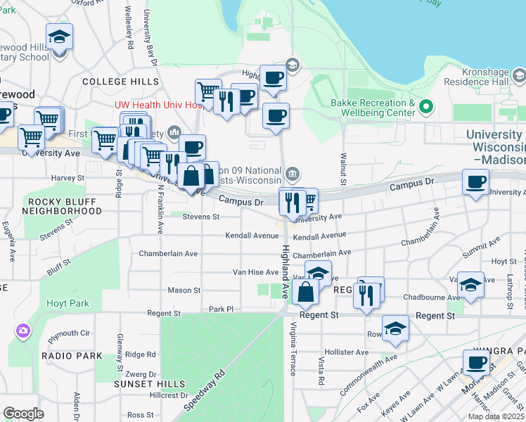 map of restaurants, bars, coffee shops, grocery stores, and more near 2550 University Avenue in Madison