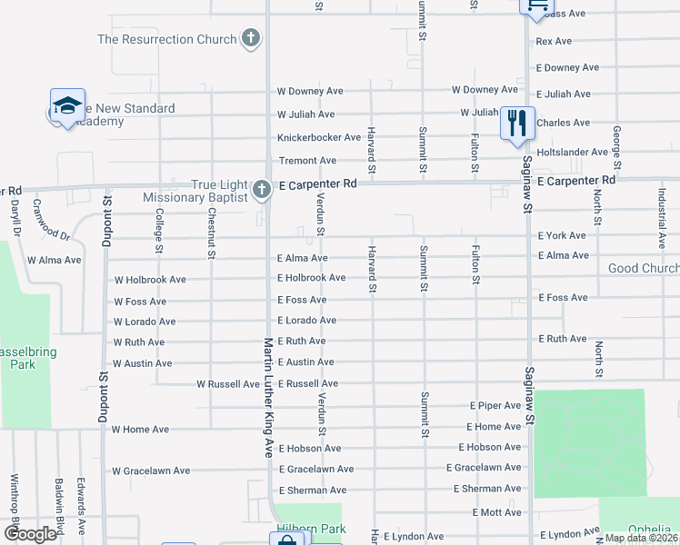 map of restaurants, bars, coffee shops, grocery stores, and more near 221 East Holbrook Avenue in Flint