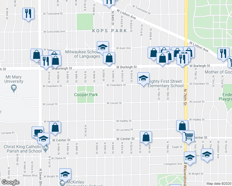 map of restaurants, bars, coffee shops, grocery stores, and more near 2944 North 84th Street in Milwaukee
