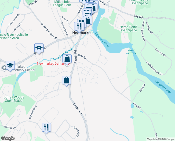 map of restaurants, bars, coffee shops, grocery stores, and more near 18 Columbia Drive in Newmarket