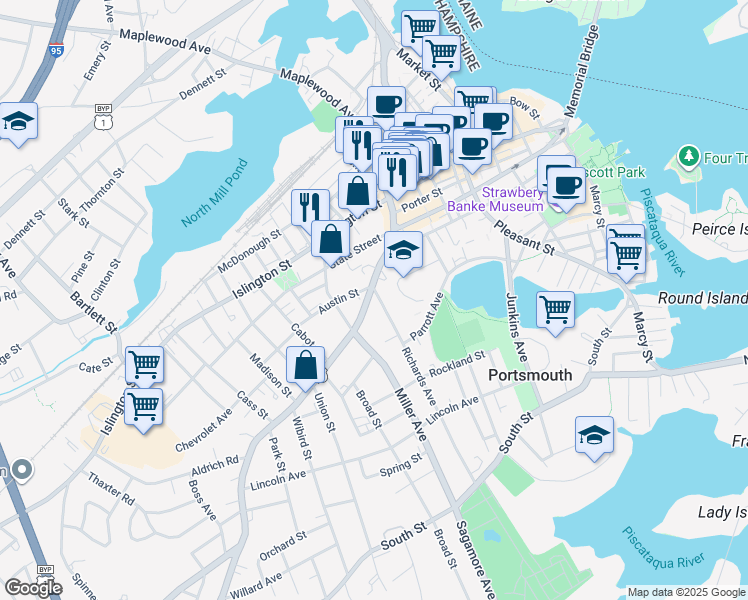 map of restaurants, bars, coffee shops, grocery stores, and more near 39 Richards Avenue in Portsmouth