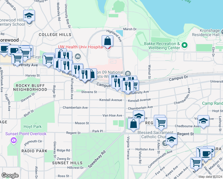 map of restaurants, bars, coffee shops, grocery stores, and more near 2573 University Avenue in Madison