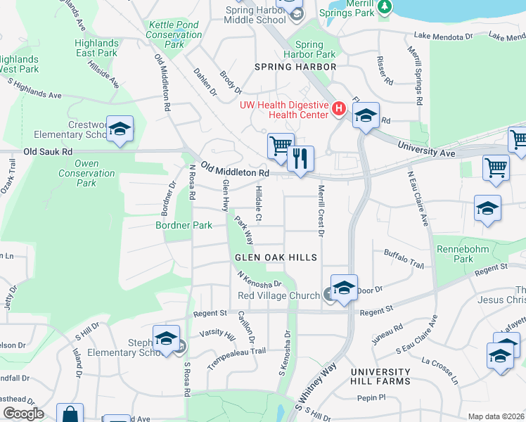 map of restaurants, bars, coffee shops, grocery stores, and more near 413 Hilldale Court in Madison