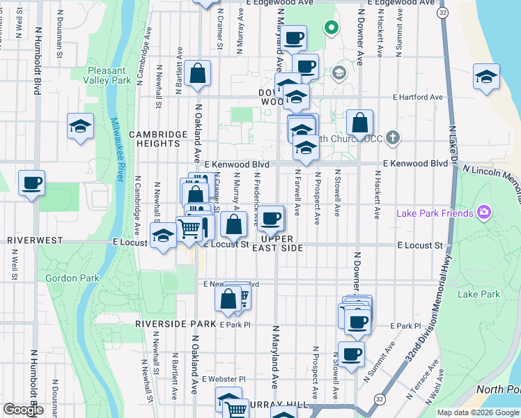 map of restaurants, bars, coffee shops, grocery stores, and more near 2970 North Frederick Avenue in Milwaukee