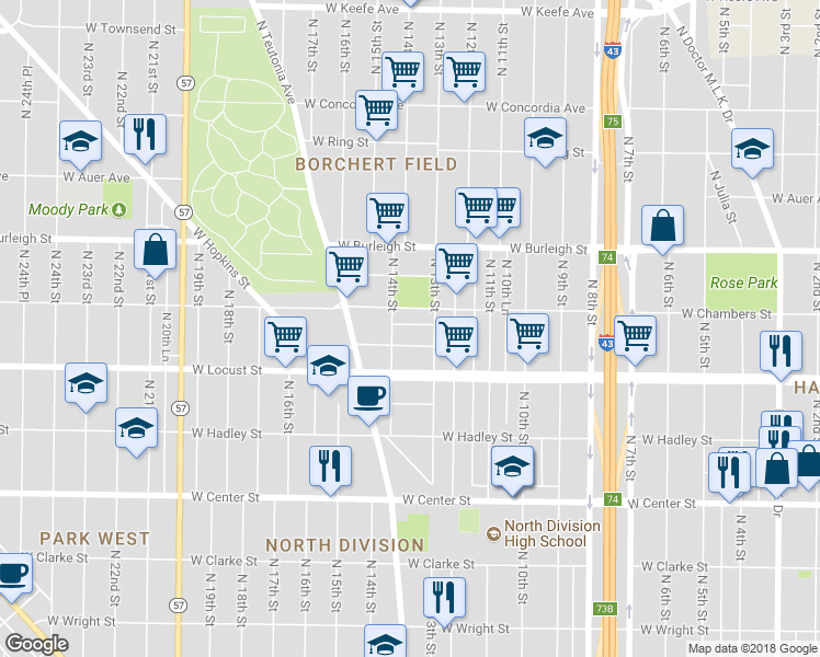 map of restaurants, bars, coffee shops, grocery stores, and more near 1333 West Cottage Place in Milwaukee