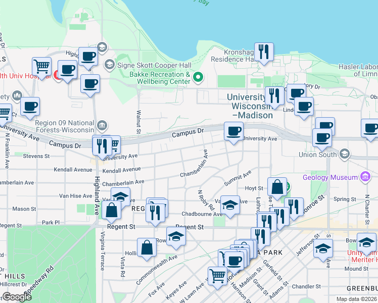 map of restaurants, bars, coffee shops, grocery stores, and more near 2027 University Avenue in Madison