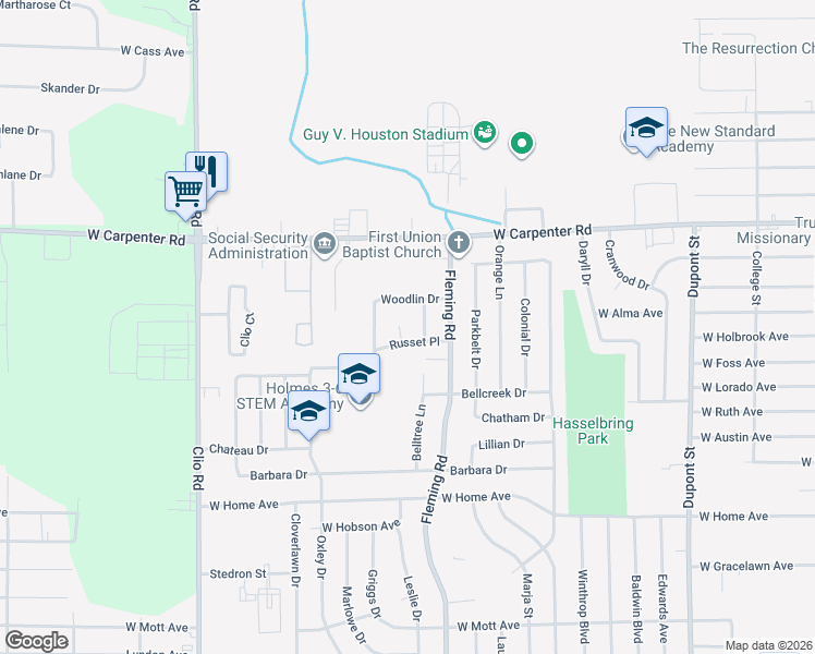 map of restaurants, bars, coffee shops, grocery stores, and more near 6708 Russet Court in Flint
