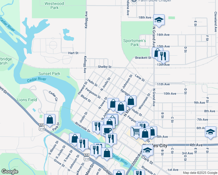 map of restaurants, bars, coffee shops, grocery stores, and more near 605 North Iowa Street in Charles City