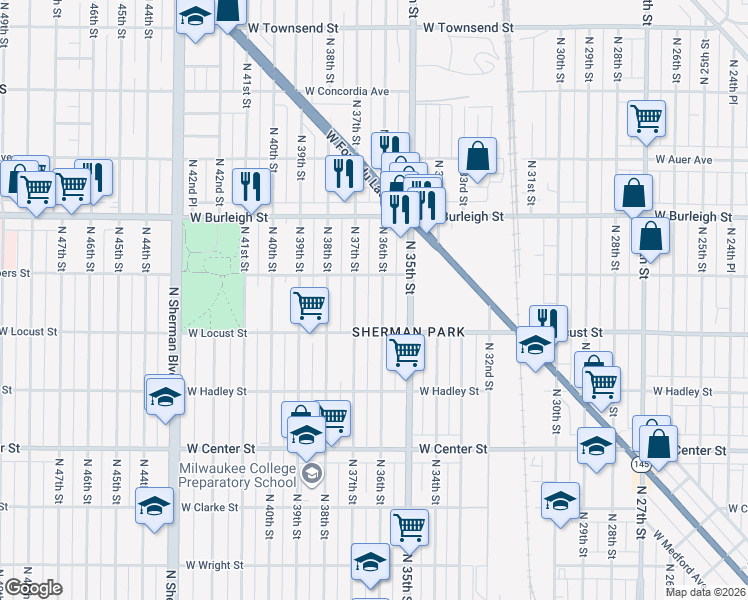 map of restaurants, bars, coffee shops, grocery stores, and more near 2951 North 36th Street in Milwaukee