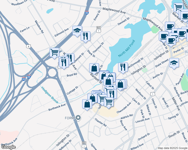 map of restaurants, bars, coffee shops, grocery stores, and more near 238 Bartlett Street in Portsmouth
