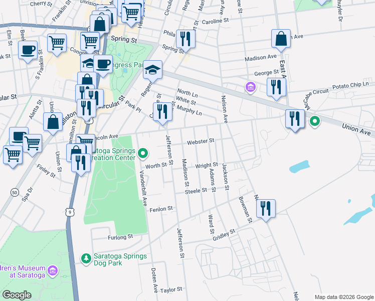 map of restaurants, bars, coffee shops, grocery stores, and more near 36 Madison Street in Saratoga Springs