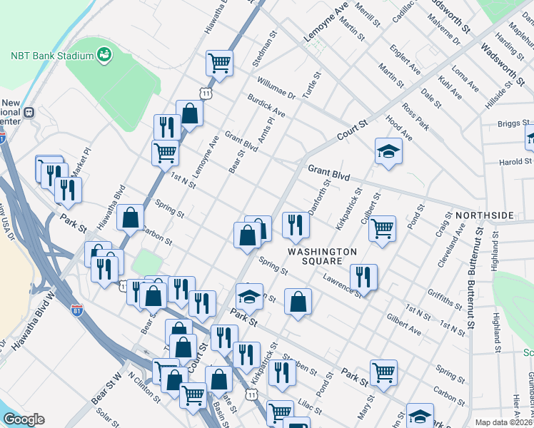 map of restaurants, bars, coffee shops, grocery stores, and more near 706 1/2 Court Street in Syracuse