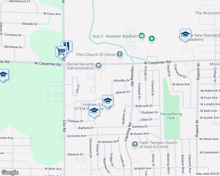 map of restaurants, bars, coffee shops, grocery stores, and more near 6801 Fleetwood Drive in Flint
