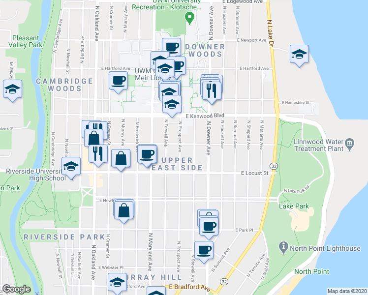 map of restaurants, bars, coffee shops, grocery stores, and more near 2971 North Prospect Avenue in Milwaukee