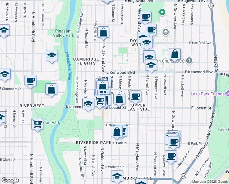 map of restaurants, bars, coffee shops, grocery stores, and more near 2966 North Cramer Street in Milwaukee