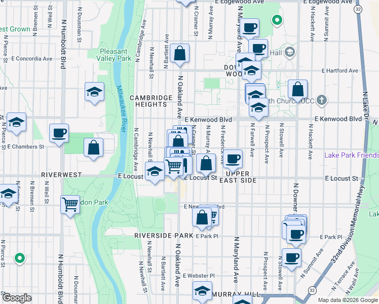 map of restaurants, bars, coffee shops, grocery stores, and more near 2966 North Cramer Street in Milwaukee
