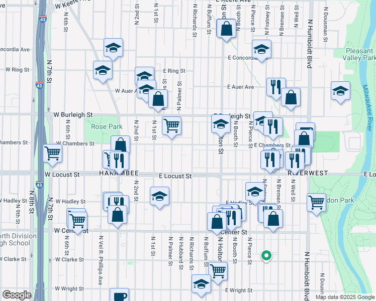 map of restaurants, bars, coffee shops, grocery stores, and more near 2964 North Richards Street in Milwaukee