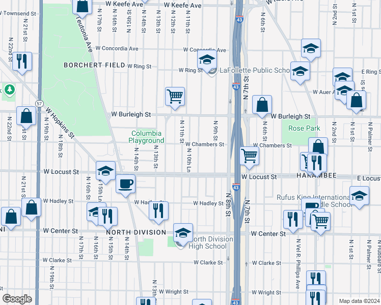 map of restaurants, bars, coffee shops, grocery stores, and more near 2955 North Mother Simpson Way in Milwaukee
