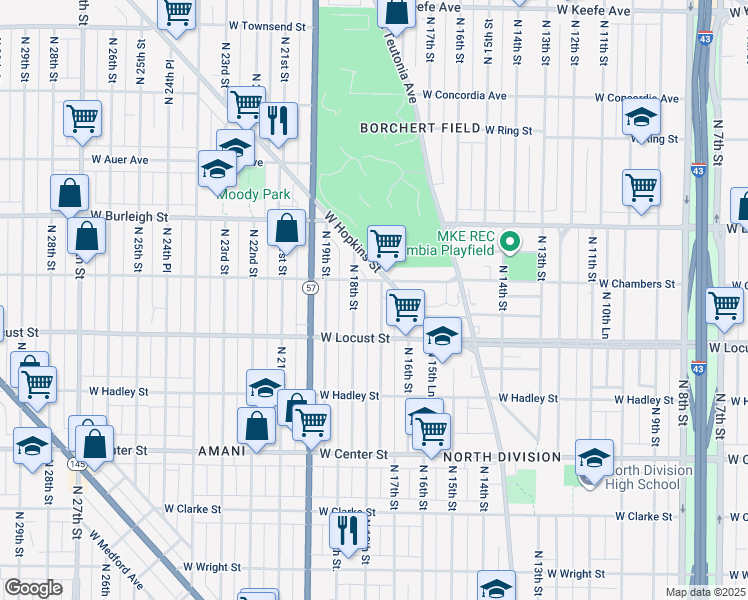 map of restaurants, bars, coffee shops, grocery stores, and more near 2947 North 17th Street in Milwaukee