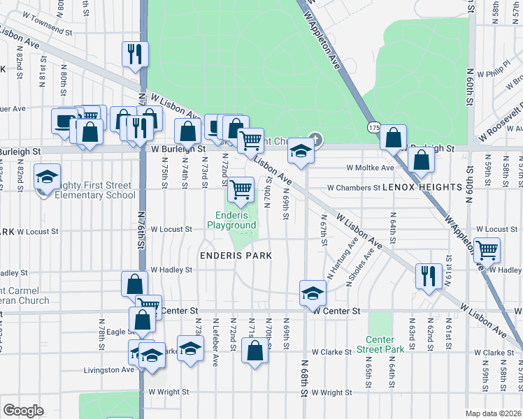map of restaurants, bars, coffee shops, grocery stores, and more near 2957 North 70th Street in Milwaukee