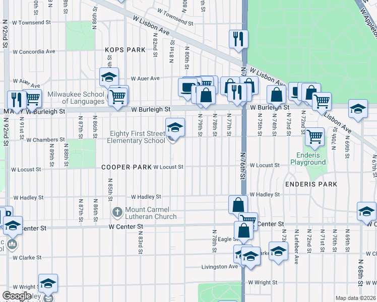 map of restaurants, bars, coffee shops, grocery stores, and more near 2936 North 80th Street in Milwaukee