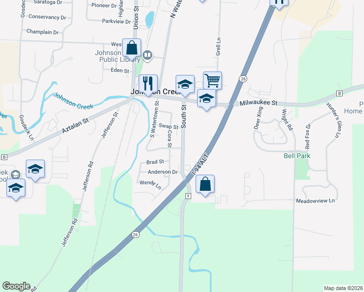 map of restaurants, bars, coffee shops, grocery stores, and more near 313 South Street in Johnson Creek
