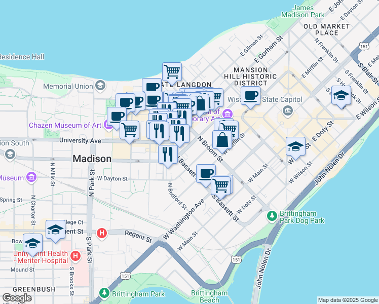 map of restaurants, bars, coffee shops, grocery stores, and more near 433 West Johnson Street in Madison